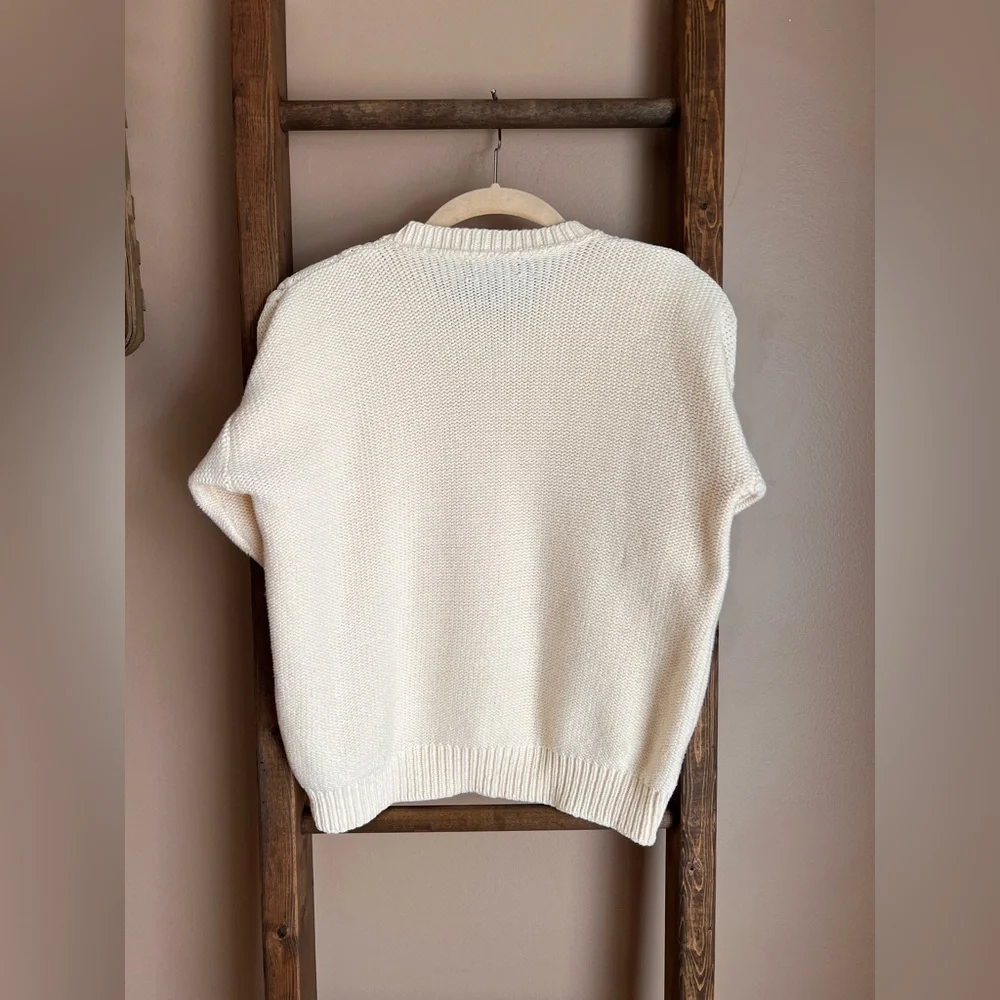 Lands' End Cream Cable Knit Short Sleeve Cotton Sweater - Picture 2 of 5